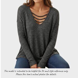 Arizona Womens Large Gray Black V Neck Long Sleeve Shirt Rayon Polyester